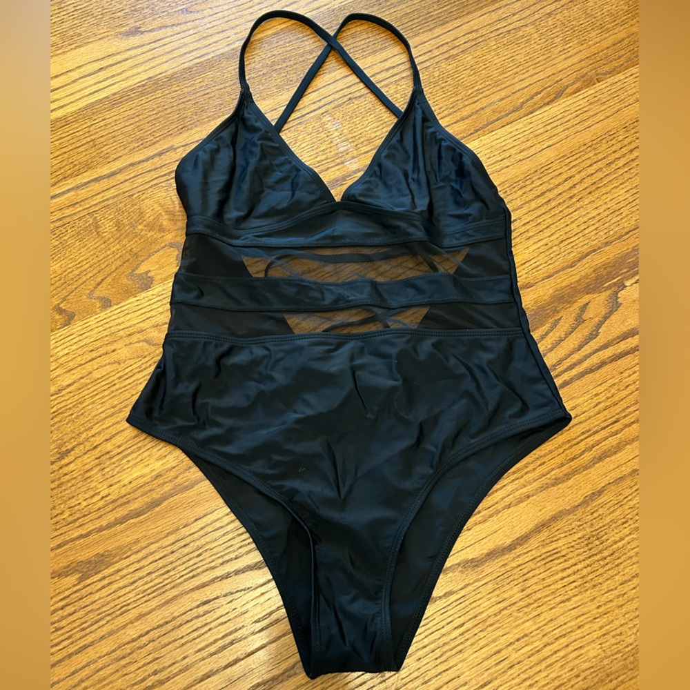 NWT Zaful Strappy Back sheer Mid Panels Black One Piece Swimsuit